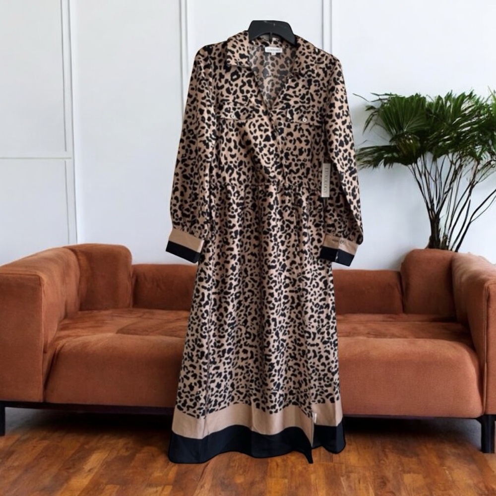 Luxology Tan and Black Animal Print Long Sleeve Dress